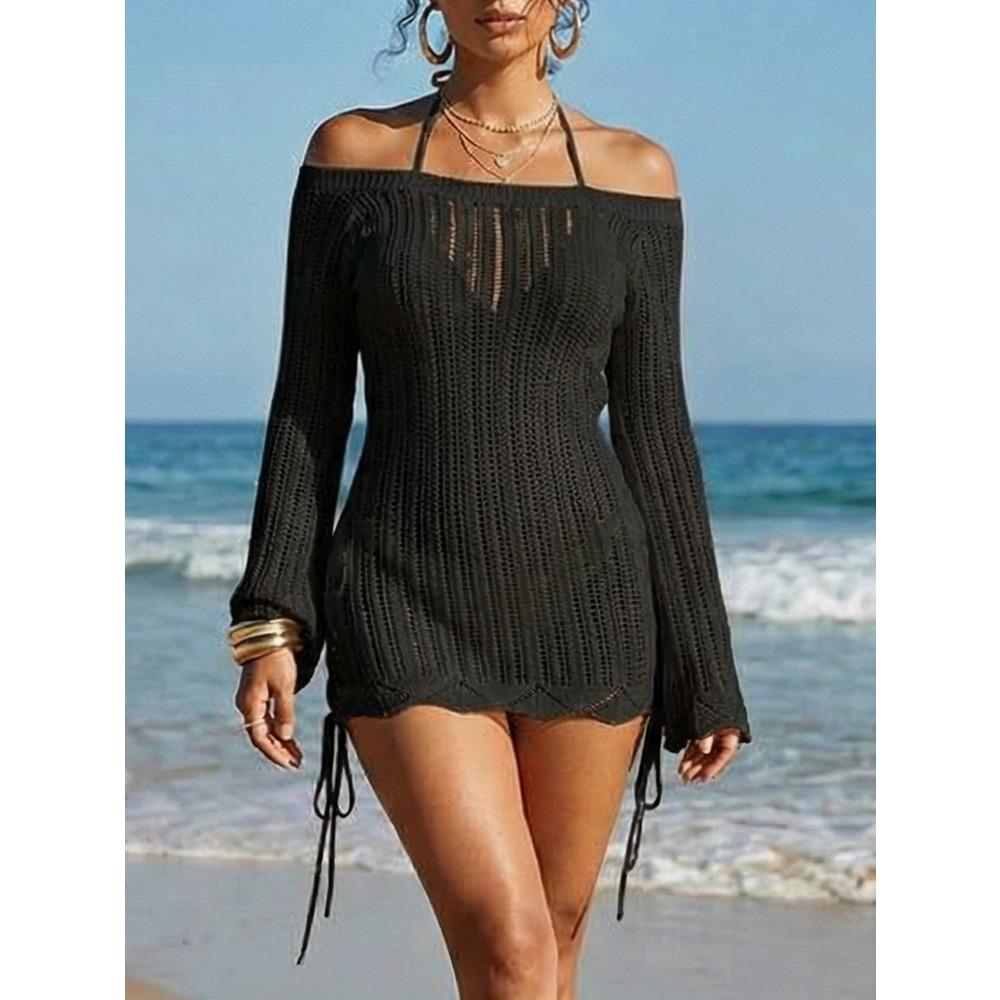 Luxury-lite One-shoulder Knitted Dress, Beach Pure Color Open-back Figure-hugging Dress, Drawstring Fitted Top for Women