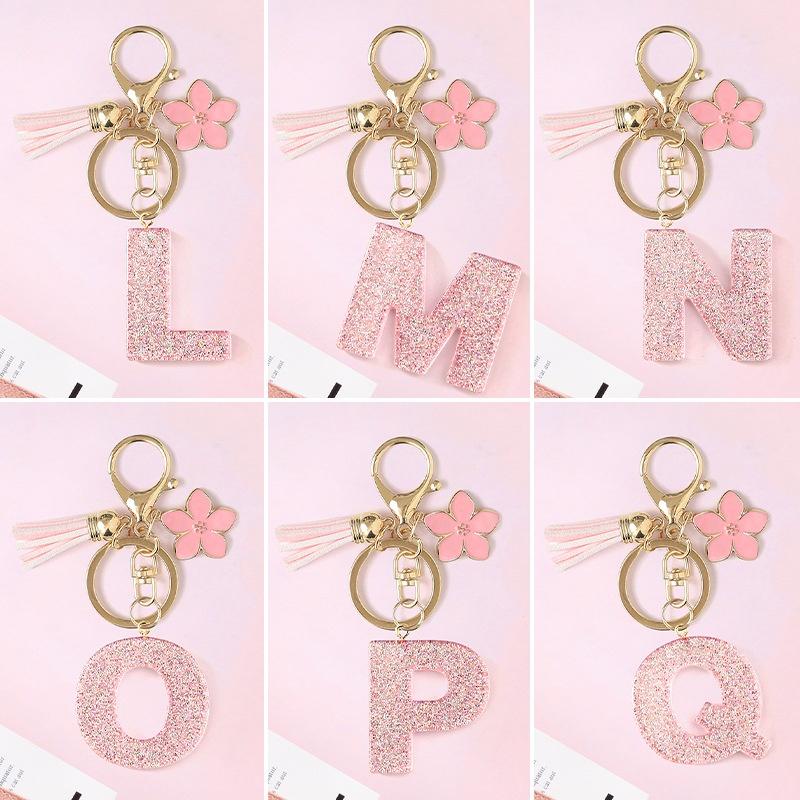 A-Z Glitter Pink Initial Letter Keychain Flowers Tassel Resin Car Keyring Women Girls Backpack Charms Accessories Year Gifts
