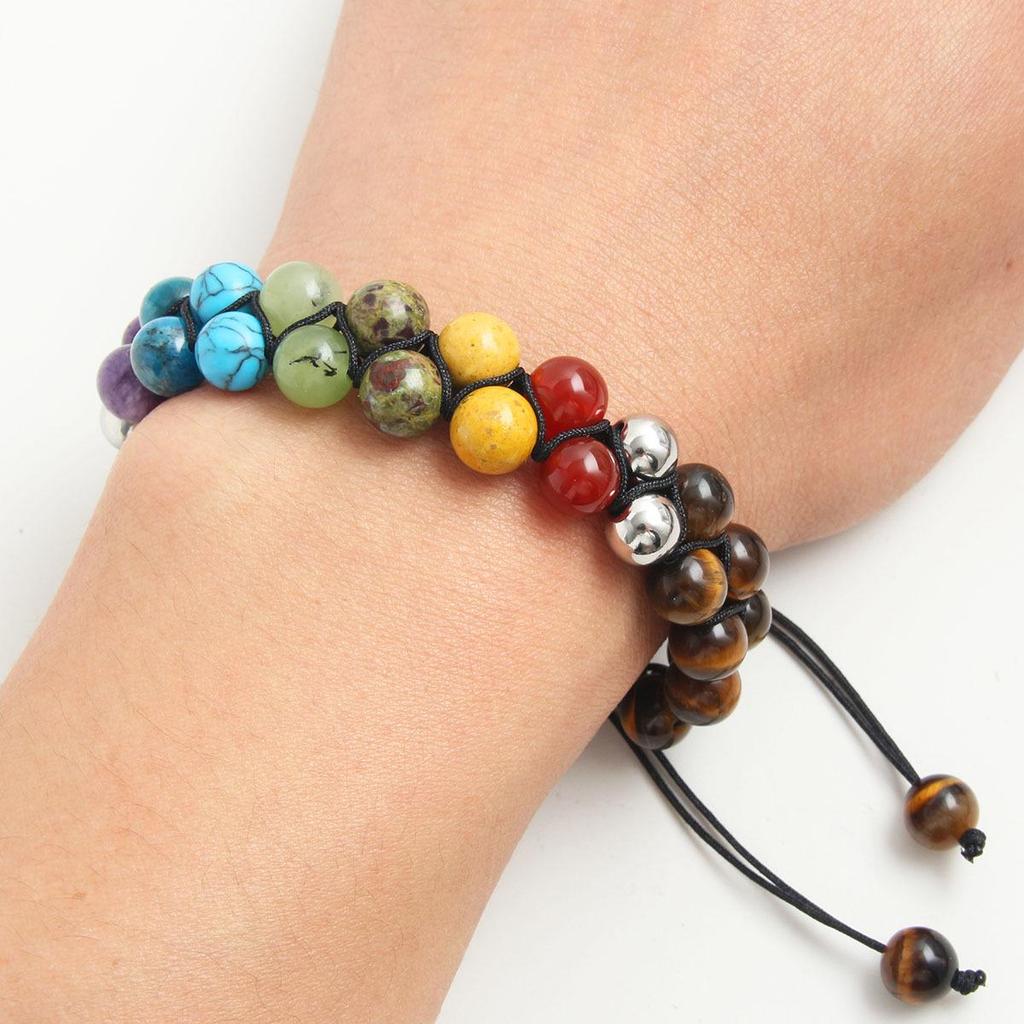 Seven-Color Stone Beaded Bracelet: Agate, Yellow Tiger Eye, Double-Layer Adjustable Woven Rope.