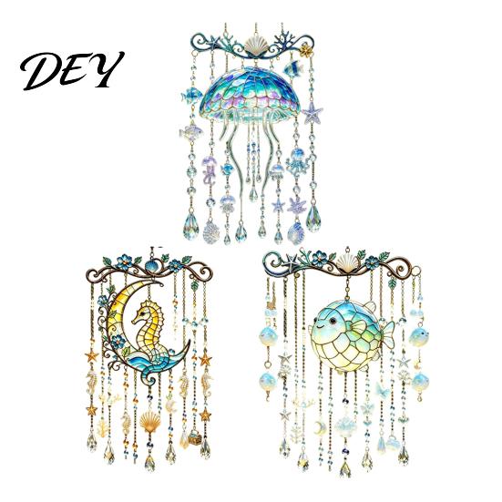 Stained Glass Style Suncatcher Ocean-Themed Crystal Wind Chime, Acrylic Jellyfish Seahorse Pufferfish Hanging Ocean Theme Chimes with Prism