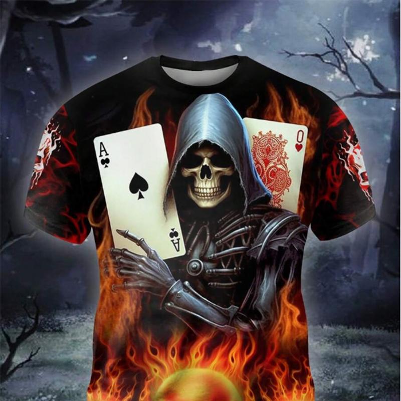 

Новая летняя мужская модная футболка с персонализированным принтом черепа и покера, мужская футболка, топ L чёрный
