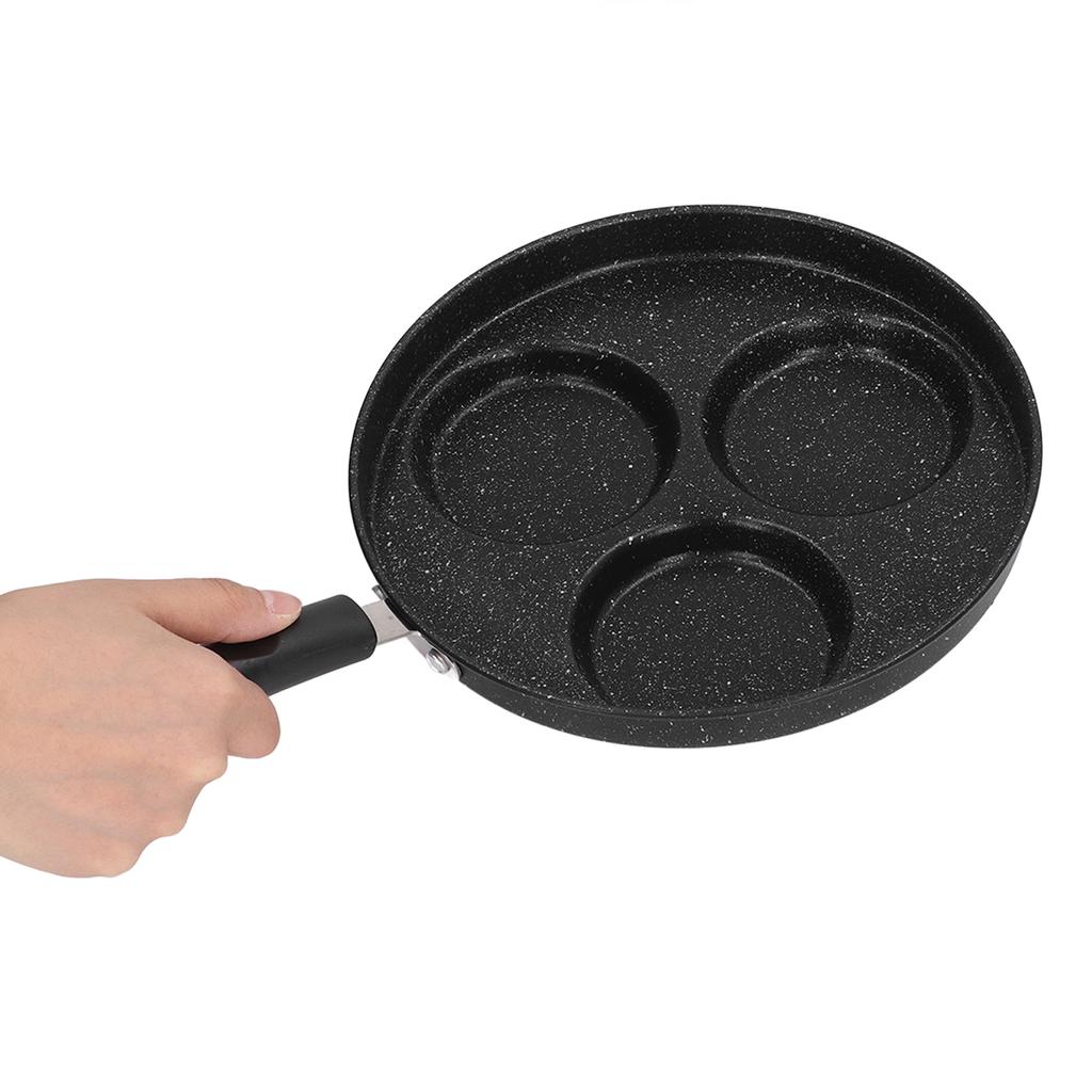 3 Cups Egg Hamburger Pan Metal Iron Heating Evenly Egg Cooker Pan with Comfortable Handle for