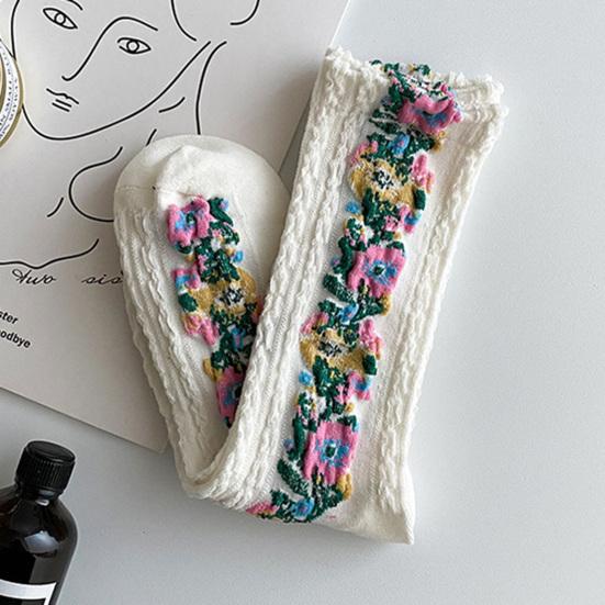 1 par middels lange, varme sokker til kvinner, med blomstermønster og etnisk trykk, crew socks for høst og vinter