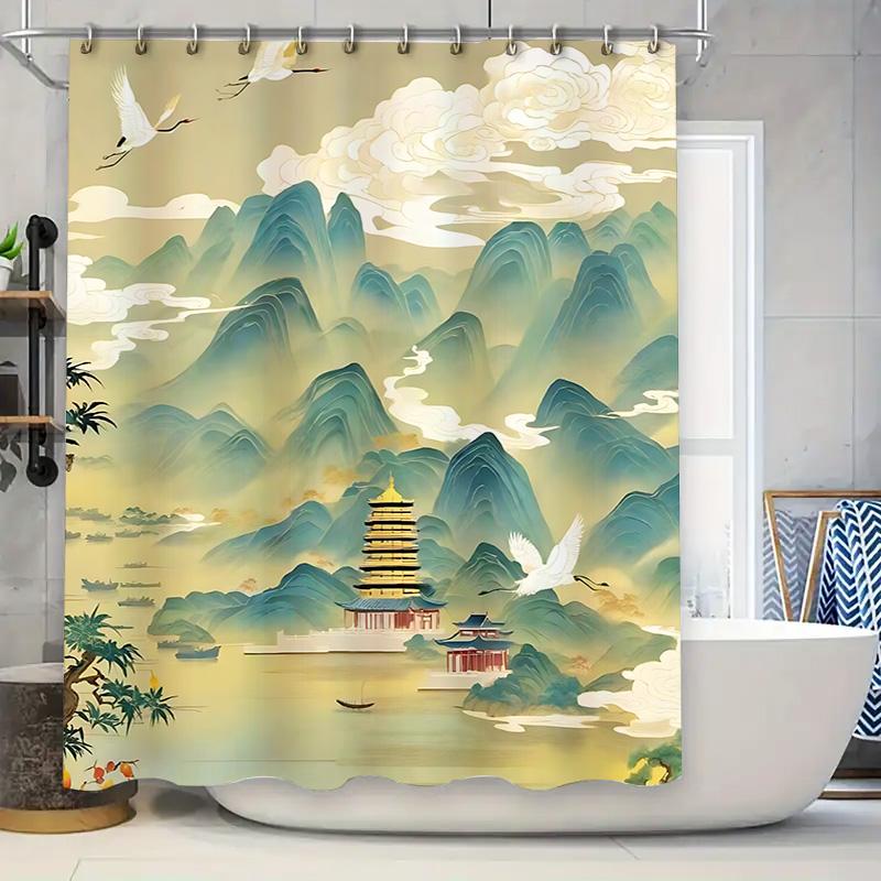 

Elegant Chinese Landscape Shower Curtain With Mountains Cranes Pavilion Classical Beauty For Bathroom Space Waterproof Durable W60H190(CM)-1 Pcs