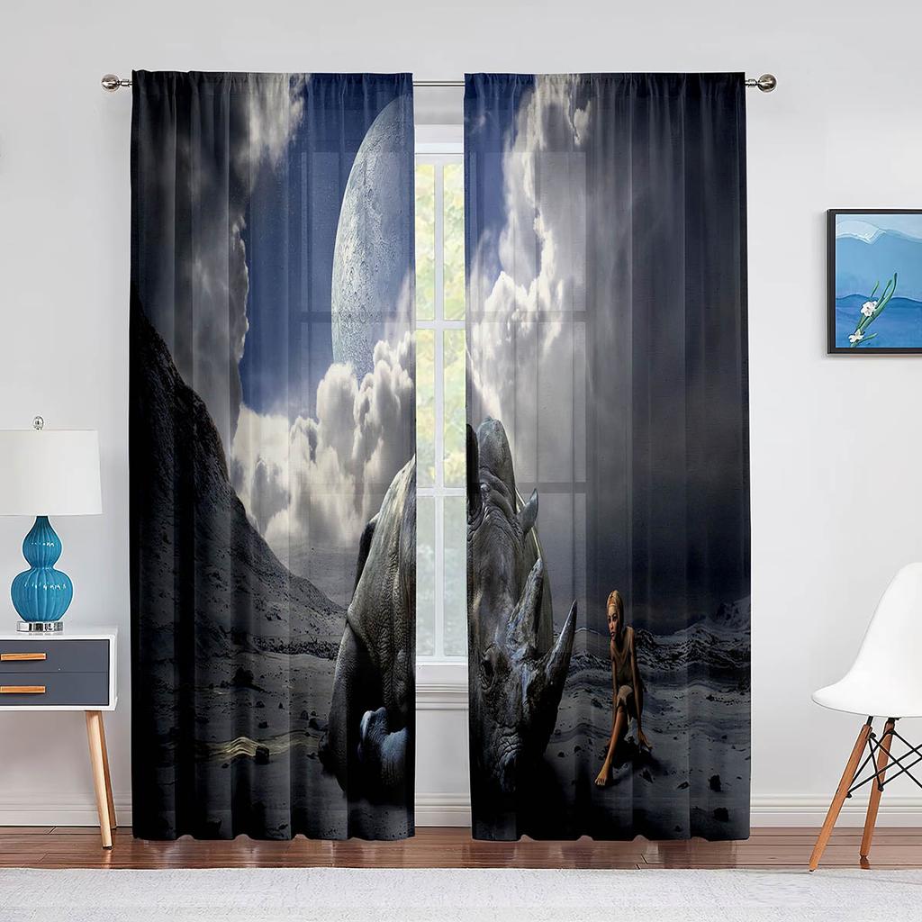 Wildtier Nashorn Grau Schwarz Tüll Vorhänge für Wohnzimmer Schlafzimmer Dekoration Transparent Chiffon Transparent Voile Fenstervorhang