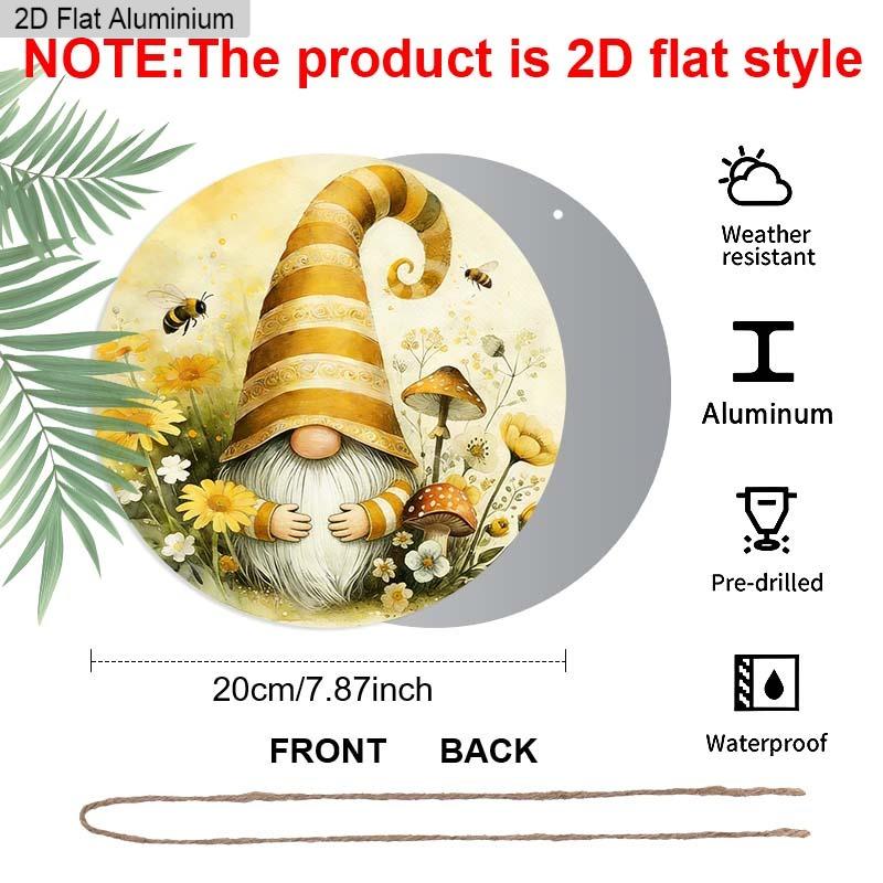 Spring Gnome Round Metal Sign, Aluminum Wreath Sign with Bumble Bee & Mushroom, Cute Honey Bee Tomte Hanging Plaque, Rustic Farmhouse Front Door Porch 1pc