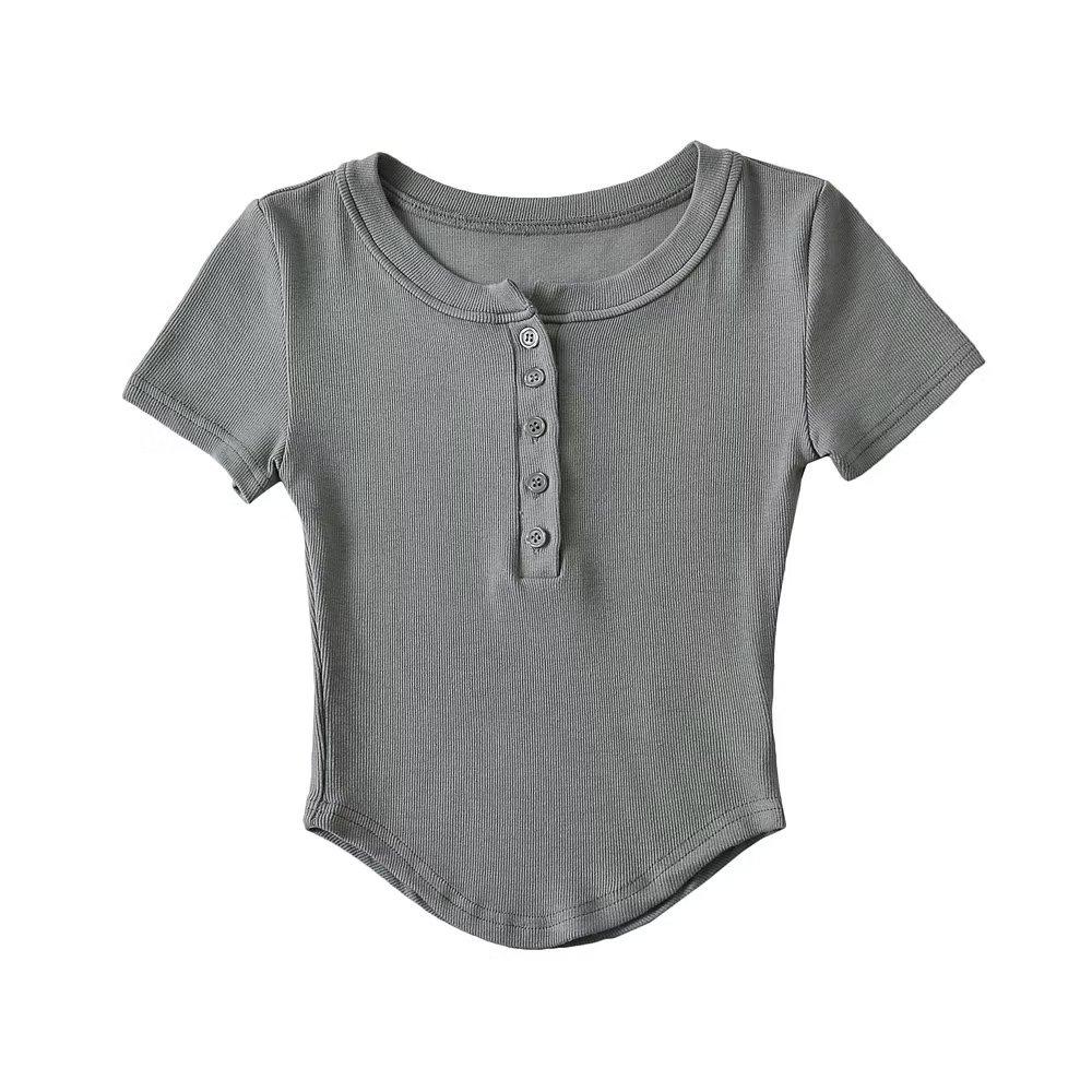 

YPFF Модный женский кроп-топ с коротким рукавом, европейский стиль, облегающий крой, круглый вырез, застежка на пуговицы, круглый подол Small темно-серого