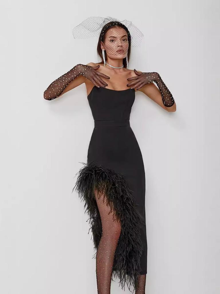 High-end European and American dress tube top high waist slit ostrich hair bandage skirt female