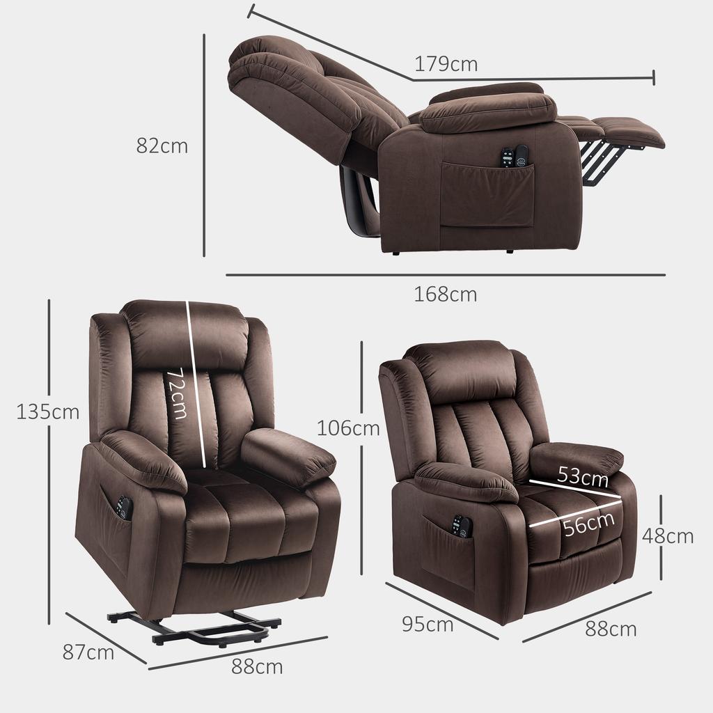 Sillón Elevador Reclinable con Función de Masaje y Calefacción Lumbar, Sillón Reclinable con Mando a Distancia y Bolsillos Laterales, Marrón