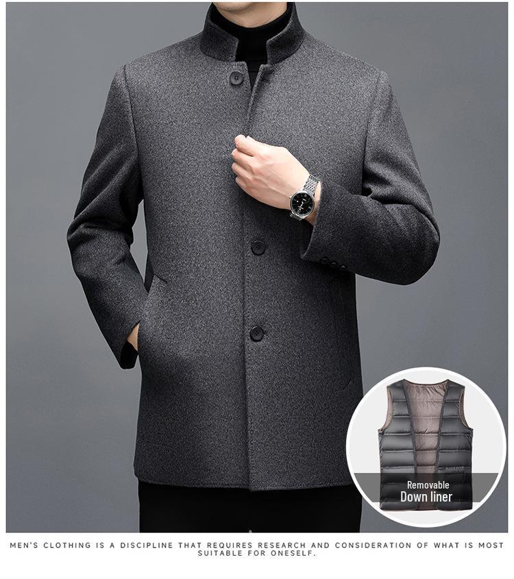 Men's Mid-length Double-sided Cashmere Coat with Detachable Down Liner, Thickened and Warm for Mid-aged