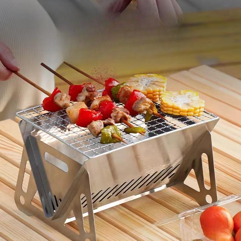 Miniature Camping Grill for Barbecuing, Folding Coffee Pot, Tea Heating Charcoal Stove, Stainless Steel Card-style Small Stove