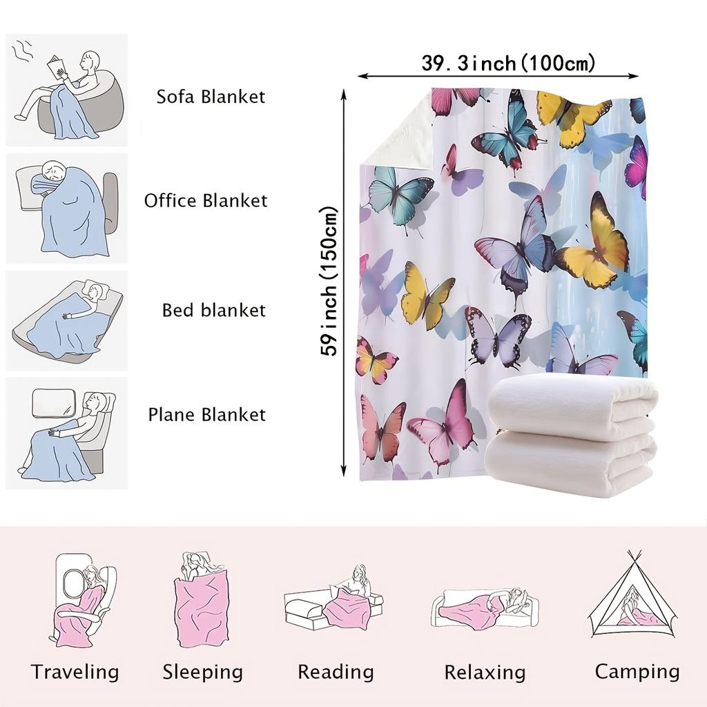 1pc Preppy Style Butterfly Print Flannel Blanket - All Seasons Multipurpose Soft Warm Throw for Sofa, Office, Bed, Camping, Trav
