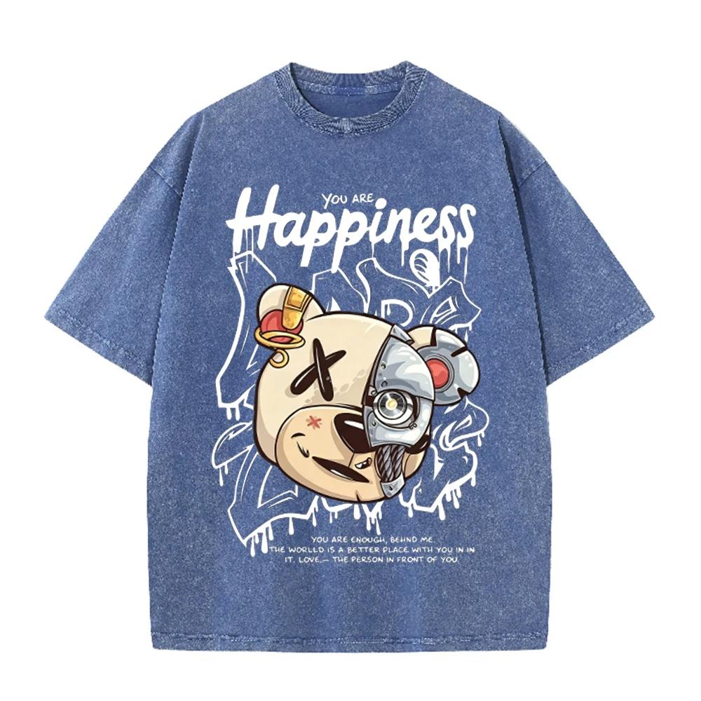 2026 Vintage Washed Beige Mechanical Bear Happiness Letter Graphic T Shirt Street Graffiti Print Oversized Casual Short Sleeve T