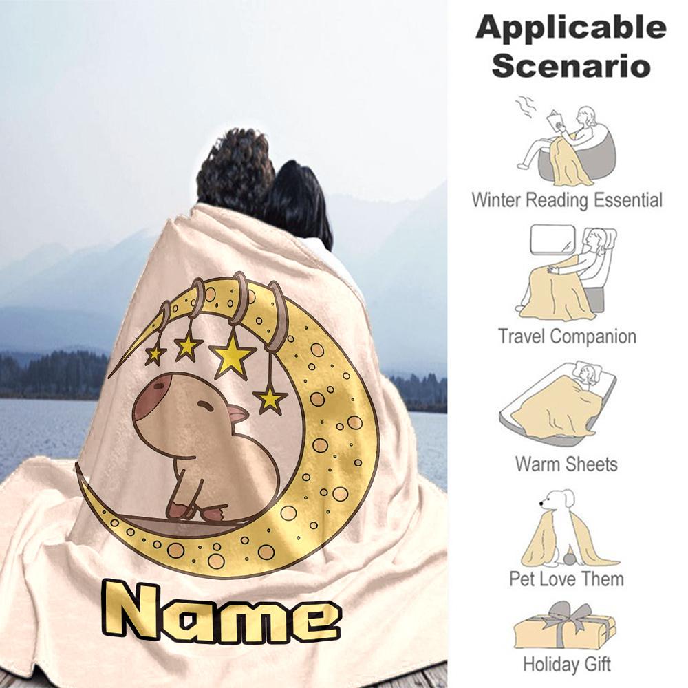 Capybara Moon Customize Your Name Blanket Throw Personalized Blanket Soft & Cozy Throw For Office Chair Living Room Seaside Chair All-Season Use