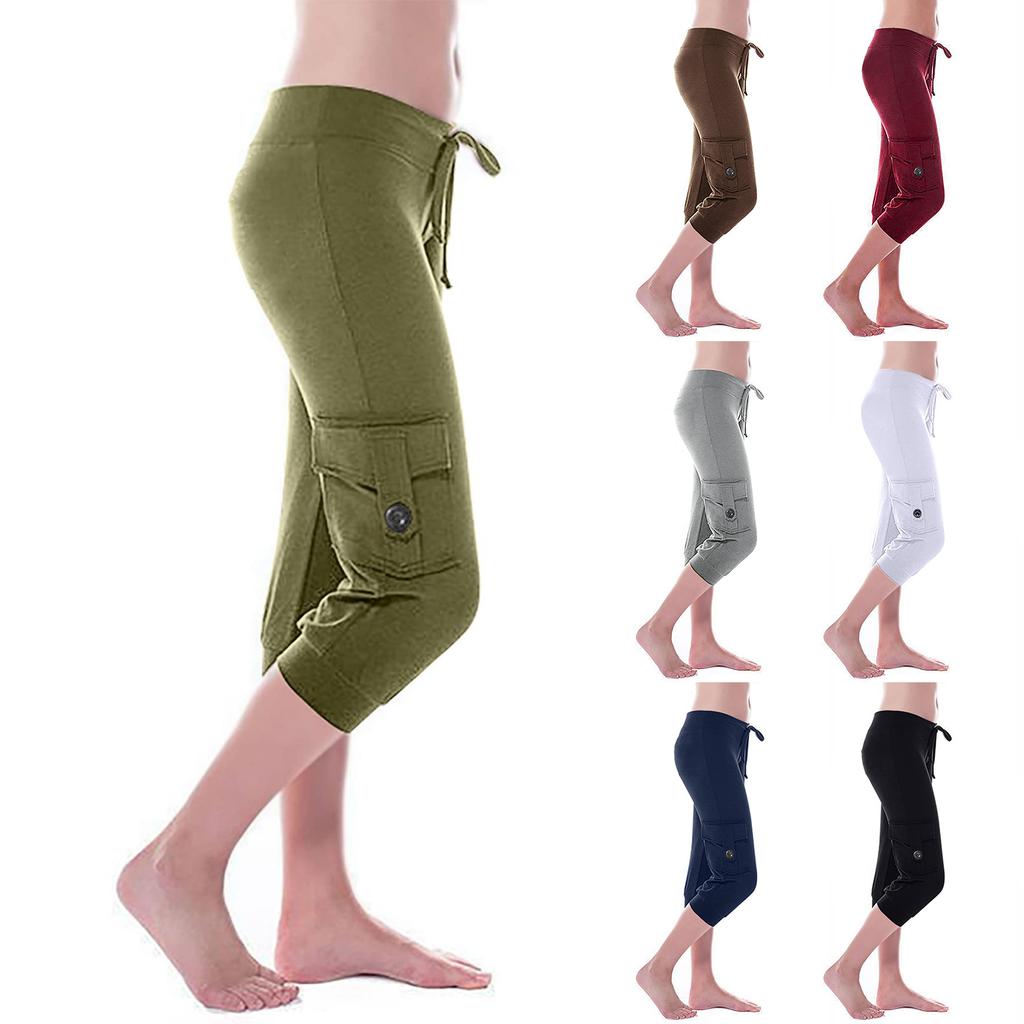 Women's Stretch Waist Button Side Pocket Yoga Cropped Pants