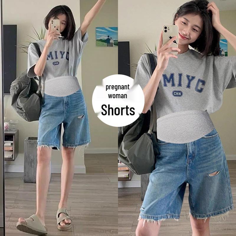 Women's Maternity Ripped Denim Shorts - Summer 2026 Lightweight, Plus Size, Loose Fit, Stylish Wide Leg, Slimming Five-Point Design