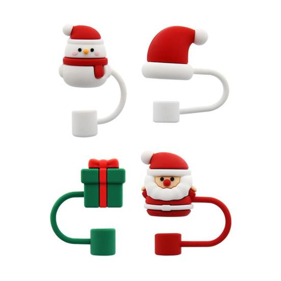 1 Set Straw Lid Cute Christmas Cartoon Shapes Silicone Straw Tips Reusable Durable Straw Cover for Home Party