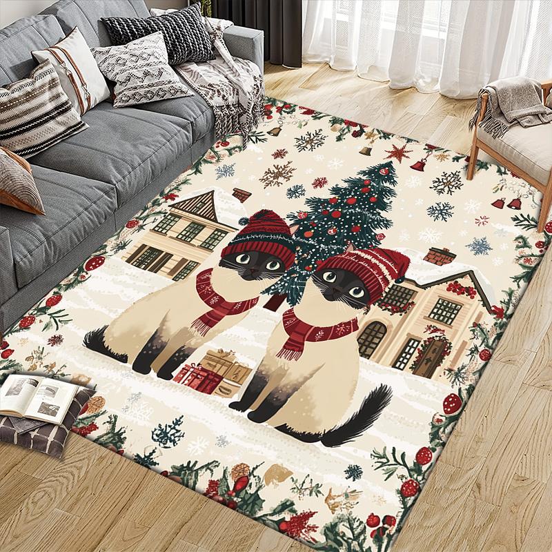 Weihnachtskatze Haus Sofa Dekoration für Wohnzimmer & Schlafzimmer, Rutschfeste Spiel-Flanell-Bodenmatte für Spielzimmer