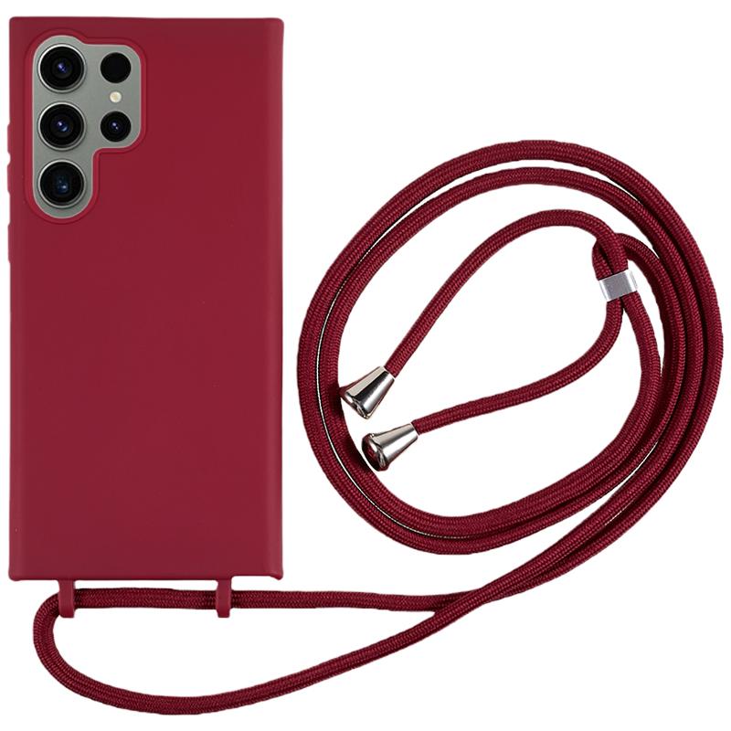 

For Samsung Galaxy S25 Ultra Case TPU Soft Shockproof Phone Cover with Adjustable Lanyard Wine Red