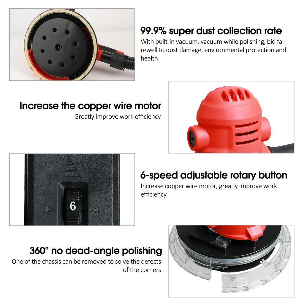 1250W 6 Speed Drywall Sander Wall Polishing Machine Grinding 3500rpm  Handheld Putty Polisher Machine with LED Light And Dust Bag