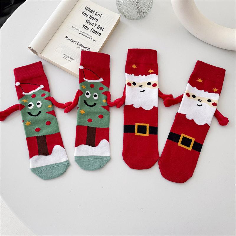 1 Pair Santa Claus Christmas Tree Cotton Stockings Christmas Magnetic Suction Hand In Hand Socks Unisex Holding Hands Long Socks