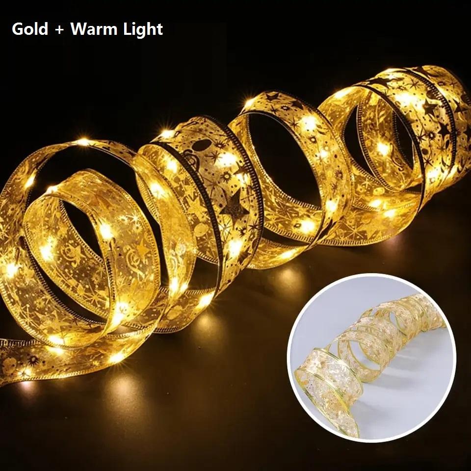 10M Christmas Light String Ribbon for Christmas Tree Decoration Double Layer Gold Stamping Luminous Ribbon Lamp Lace DIY Led Lights