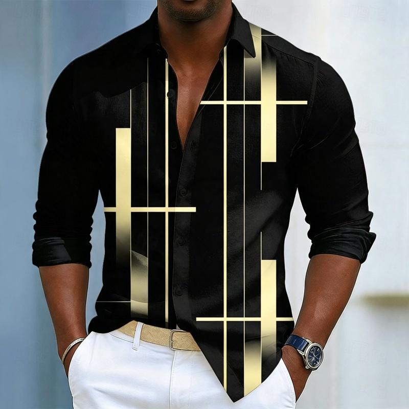 Men's shirt with black geometric line printed long sleeved shirt, high-quality business casual loose flap cardigan