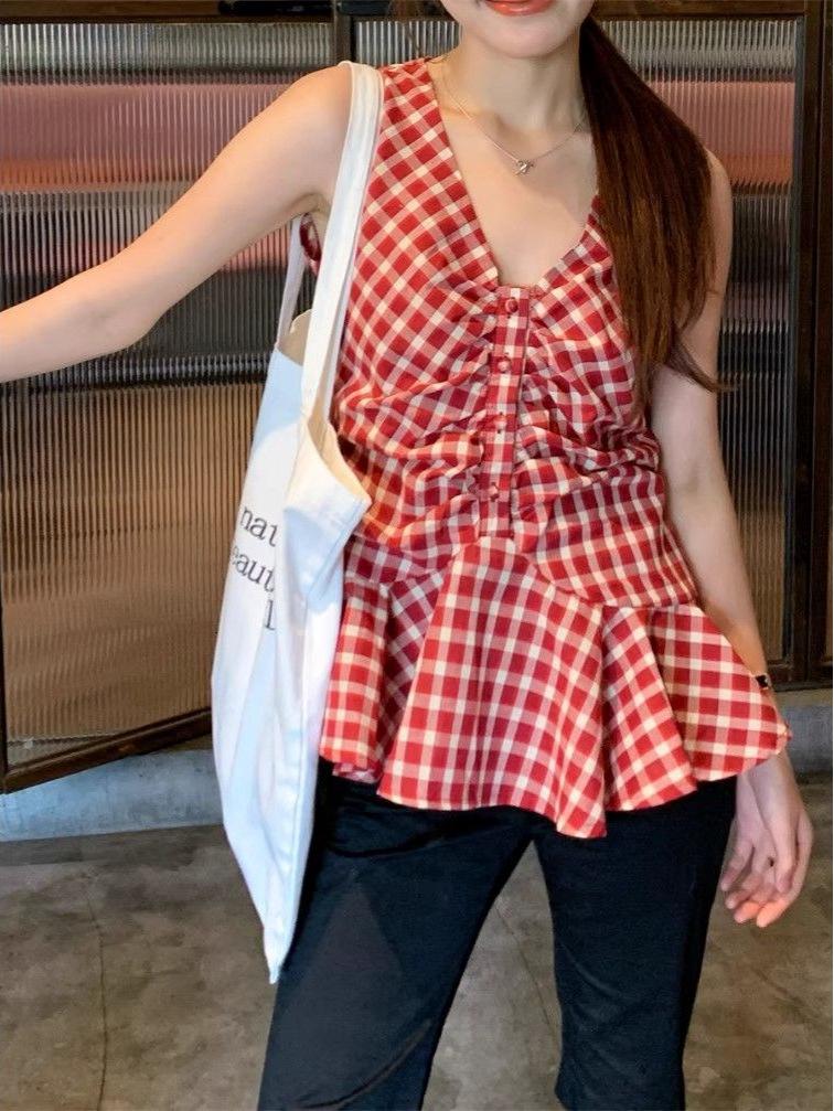 Gilet da Donna Senza Maniche a Quadri Rossi Estate 2026 con Scollo a V – Top Chic Trendy Stile Thailandese