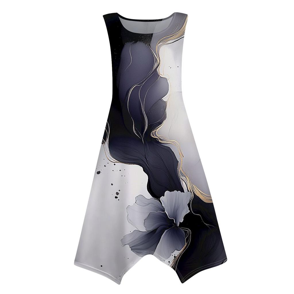 Women's Casual Fashion Round Neck Sleeveless Floral Print Irregular Hem Midi Dress