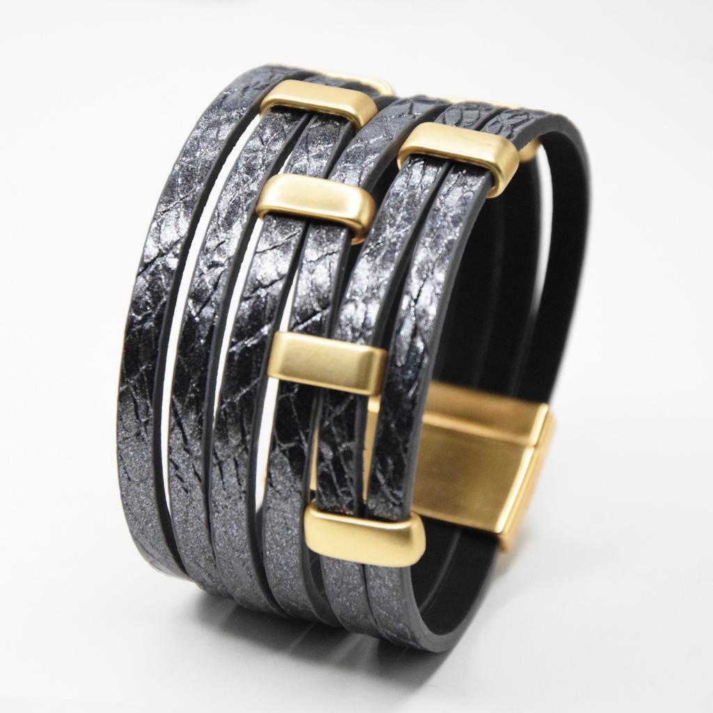 Bohemian Multi Layered PU Leather Bracelet Retro Magnetic Buckle Bangle