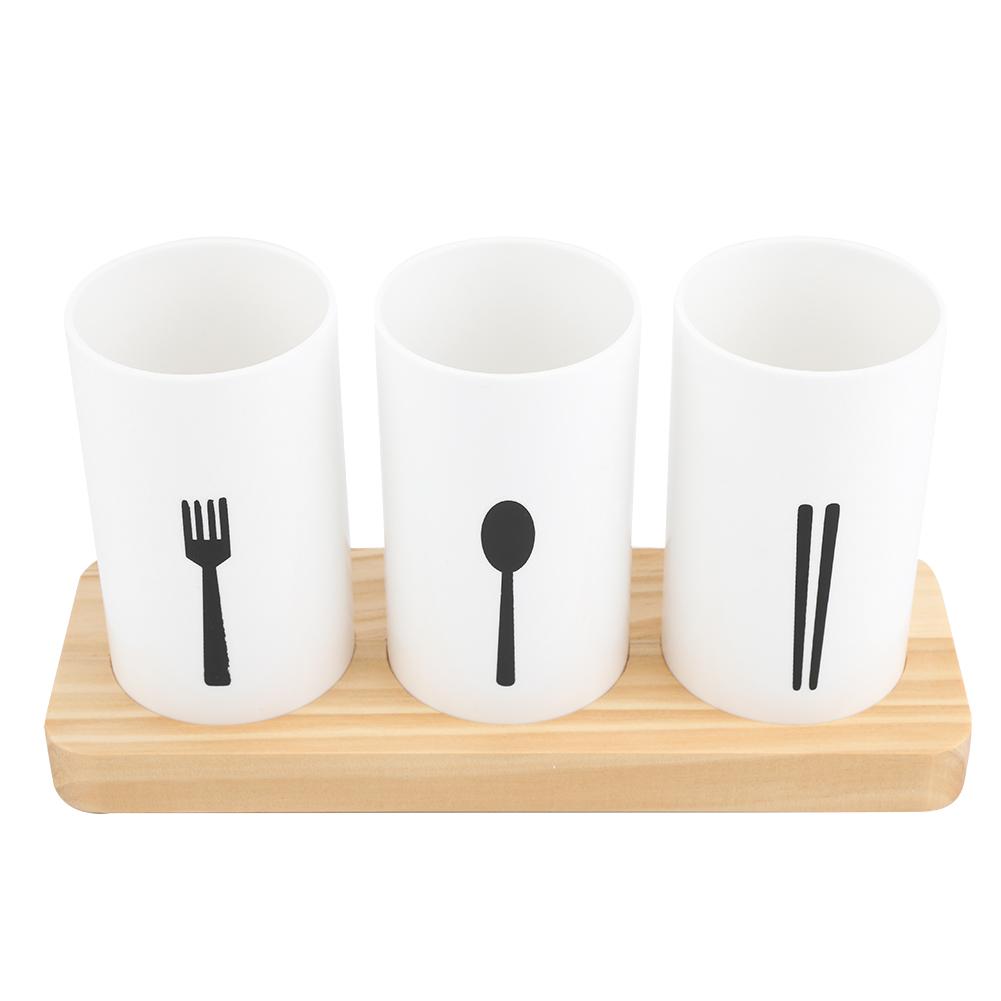 Oak Wooden Base Chopsticks Holder Cutlery Storage Box Drain Rack Knife   with Three Compartments, Stable   Design for Kitchen Draining an