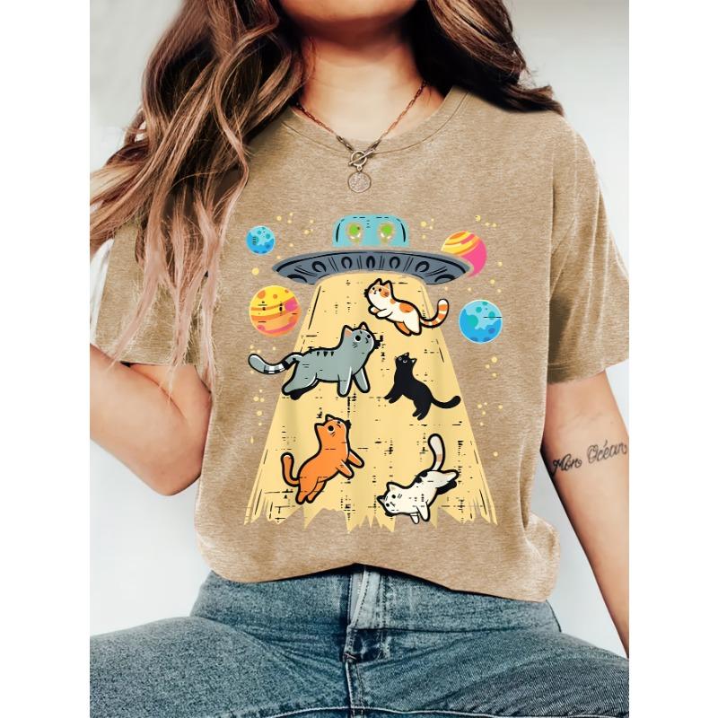 Women's Summer UFO Abducting Cute Cat Print Crew Neck Short Sleeve T-shirt