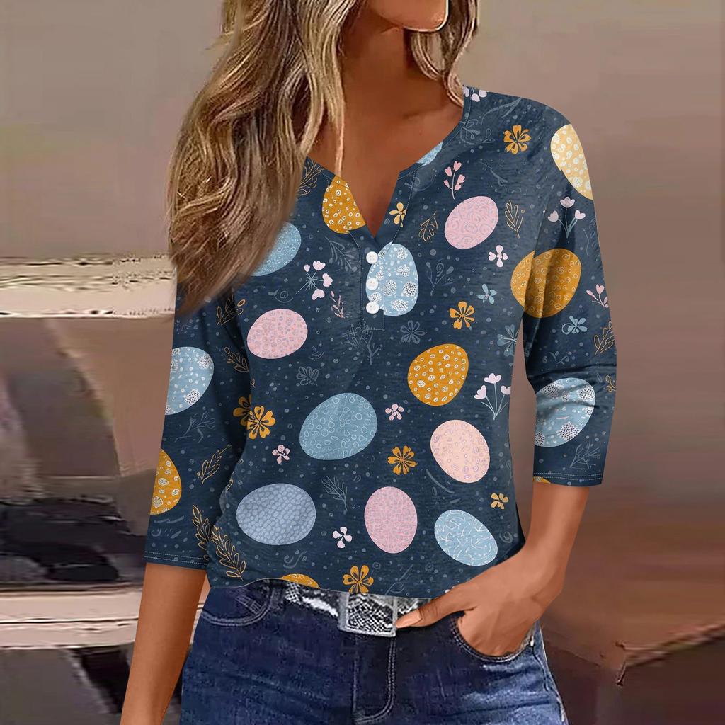 Women's Fashion Casual Easter Printed V-neck Short Sleeve Decorative Button Seven Sleeve T-shirt Top