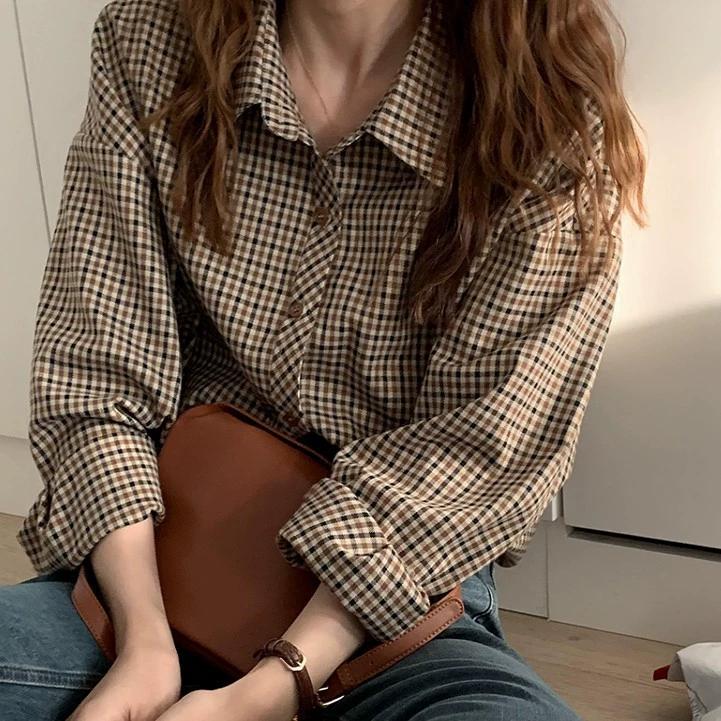 Plaid Shirts Women Retro Turn-down Collar Blouses All-match Straight Hong Kong Style Button Up Elegant Long Sleeve Outwear Femme