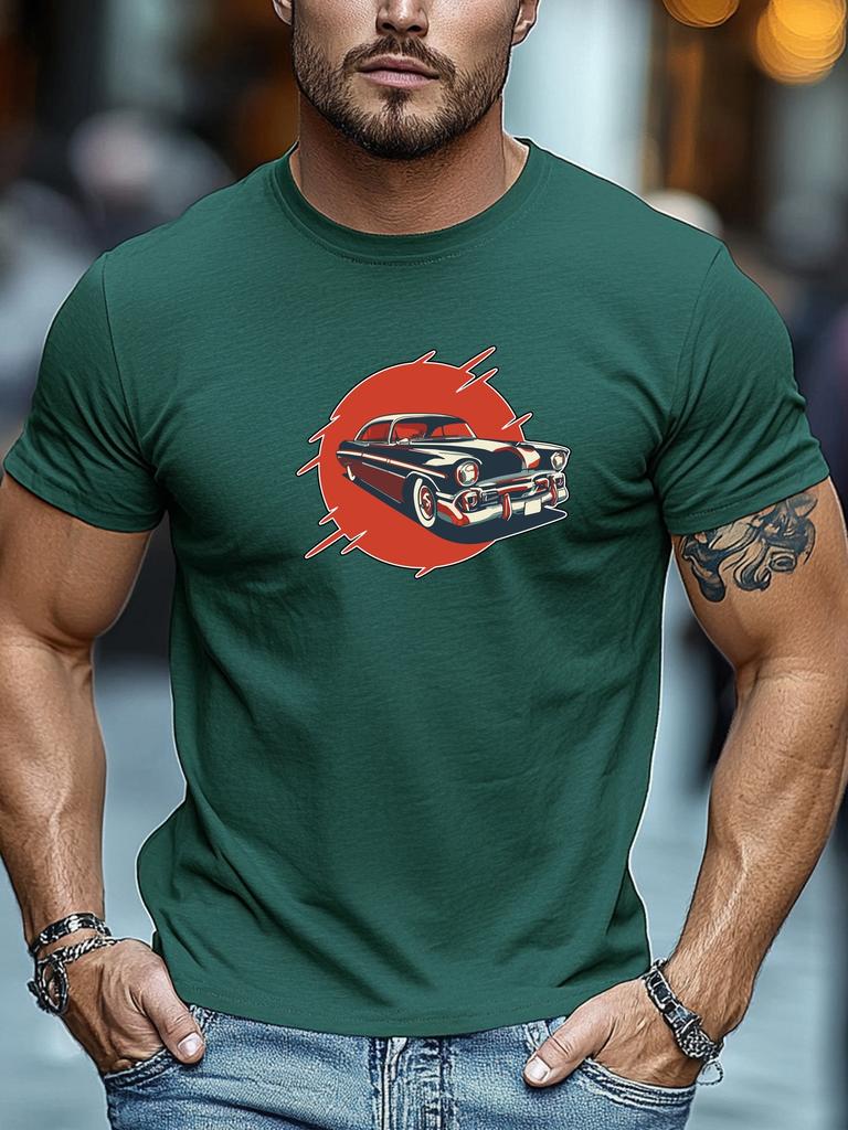 Mens Summer Retro TShirt Vintage Car Red Sun Print Short Sleeve Round Neck Breathable Oversized Classic Daily Wear