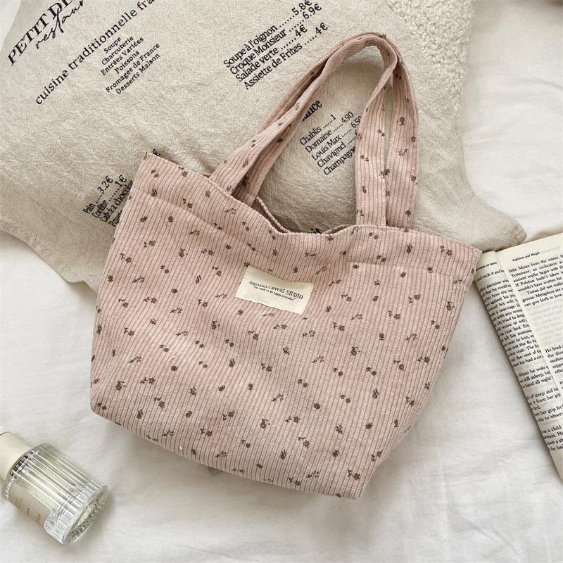 Corduroy Floral Handbag, Simple Tote Bag for Work, Lunch Bento Bag, Shopping Bag