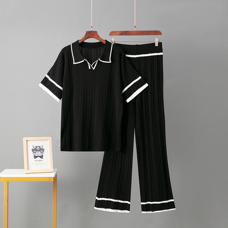 

New Summer Polo Collar Short Sleeve Fashion Casual Loose Versatile Thin High Waist Knitted Suit Women One Size чорний