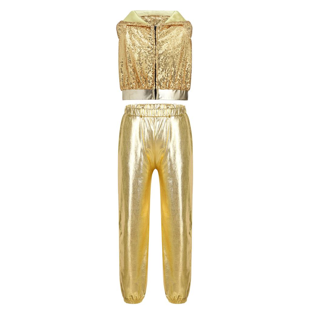 Mädchen Glitzernde Pailletten Reißverschluss Vorne Crop Top Elastische Taille Hose Hip Hop Jazz Tanz Set
