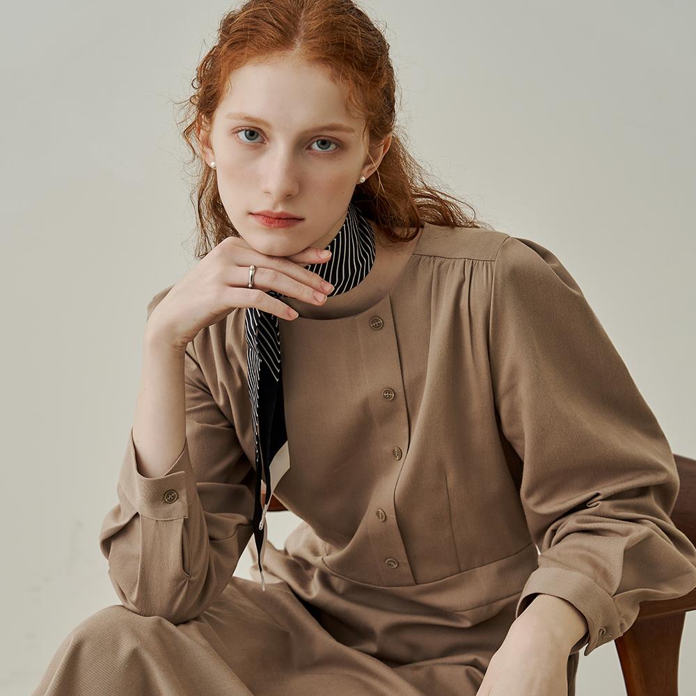 Adowl One-Side Button Puff Long Dress - Beige