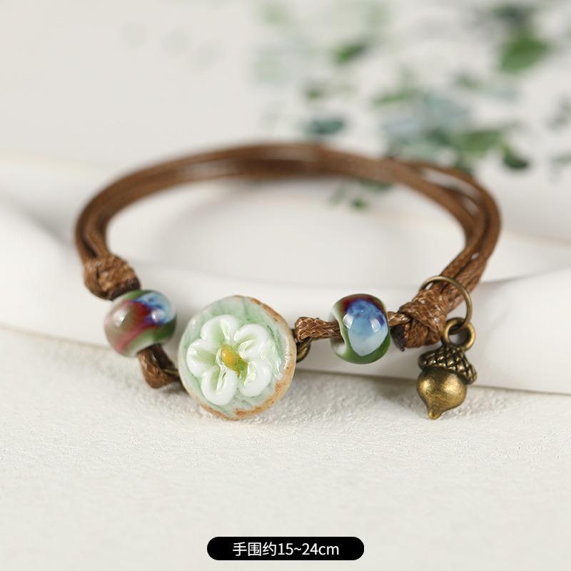 Retro ceramic flower woven bracelet niche literary hand rope small fresh bell bracelet female