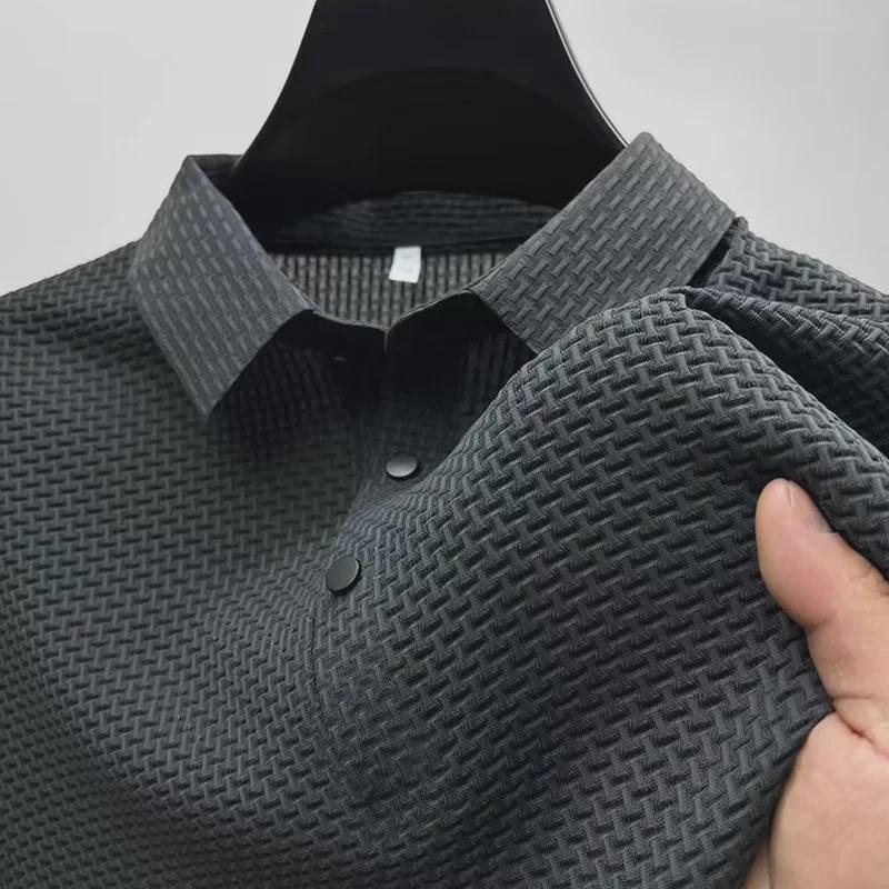 Men's Luxury Solid Color Jacquard Polo Shirt - Short-Sleeved, Light Business Casual, European Ice Silk.