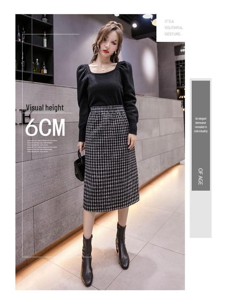 Fustă Midi pentru Femei din Lână cu Dungi Pied-de-Poule Căptușită cu Fleece - Toamnă/Iarnă 2025 Talie Înaltă Cu Șliț Bodycon