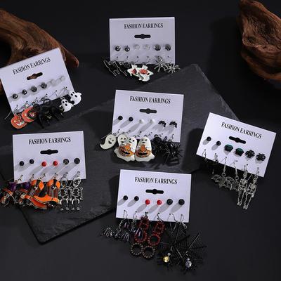 Cross-Border Halloween Earrings Set: Ghost, Pumpkin, Witch, Skeleton, Spider, Black Cat, Bat, Spider Web Ear Studs