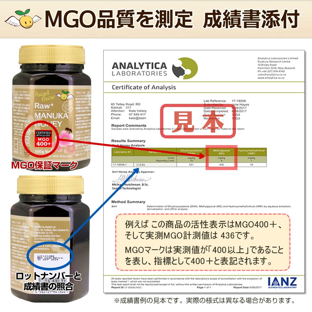 Angelbean Manuka-Honig, hergestellt in Neuseeland, mit Analysebericht, ungeheizter Naturhonig, 500 g, MGO400+, NPA12+