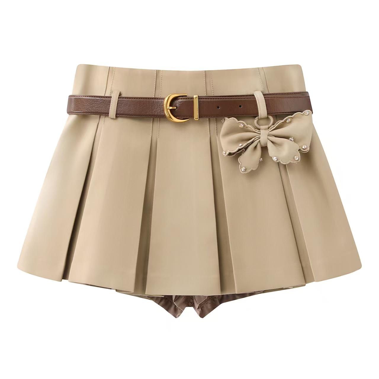Women s Spring 2026 Sweet Style A-Line Pleated Skirt with Bow Pendant Small хаки