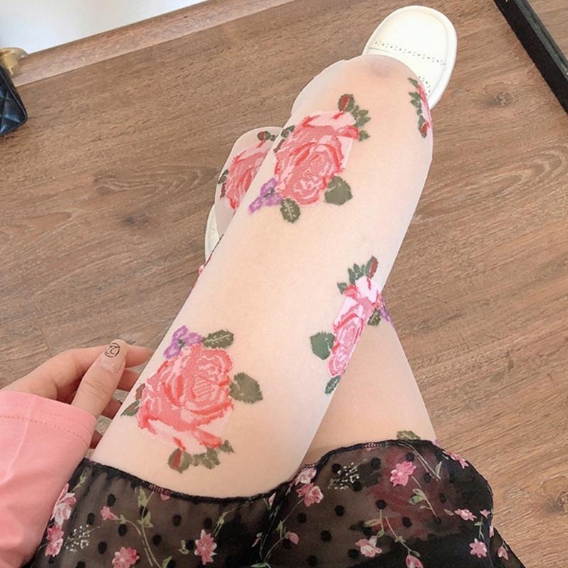 Women Vintage Rose Patterned Thin Tights Japanese JK High Waist Footed Pantyhose Silky Stockings Sheer Fashion Hosiery