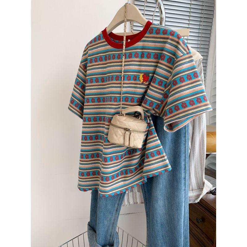 

Plus Size Women s Clothing 120.00kg Summer New Arrival Loose Stripes Embroider T-Shirt Stylish Niche Style Unique Chic Top Clothes 002*Pattern M