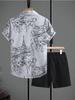 Men's Casual Black & White Graffiti Print Short Sleeve Shirt & Shorts Set - Summer 2025 Style