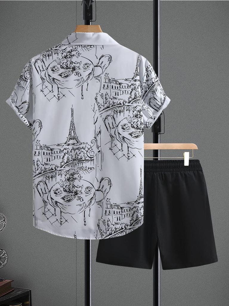 Men's Casual Black & White Graffiti Print Short Sleeve Shirt & Shorts Set - Summer 2025 Style