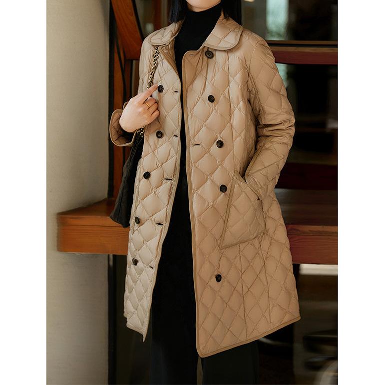 Double-breasted rhombus white goose down jacket women's high-end women's clothing short medium and long Pinghu winter goose down clothing